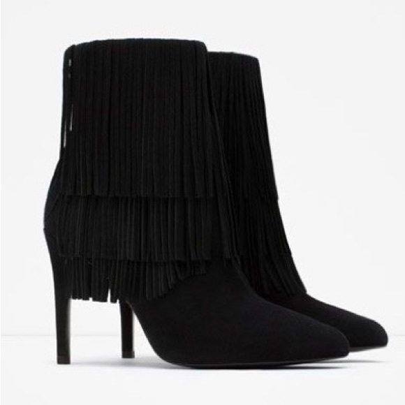ZARA Fringed Suede Leather Ankle Boots High Heel Black Booties • Influencer Fav! - Picture 4 of 12
